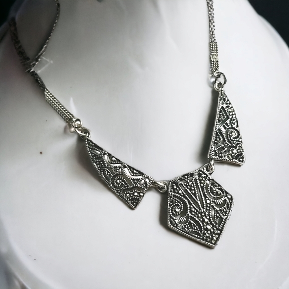 Vintage Art Deco 1920s Marcasite Sterling Silver Pendant Necklace - Picture 4 of 16